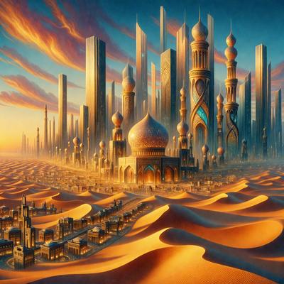 The primary subject of the image is a futuristic cityscape with a mix of architectural styles, including a combination of skyscrapers and traditional buildings. The setting is a desert landscape, with sand dunes and a sky filled with clouds. The visual style is a digital art or illustration, creating a vibrant and imaginative scene. The colors and mood of the image are predominantly warm and earthy tones, with a sense of mystery and wonder.